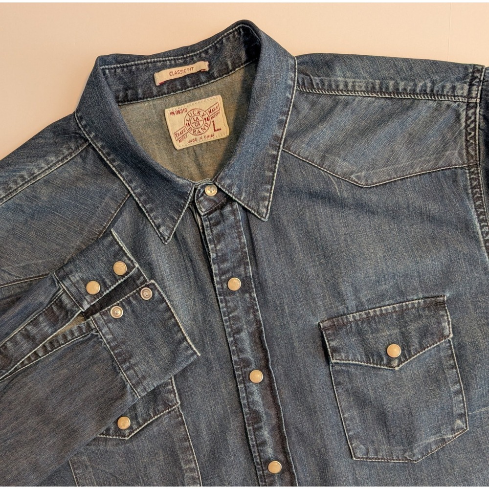 Vtg Lucky Brand Mens L Pearl Snap Big Springs Denim Western Shirt VERY NICE!